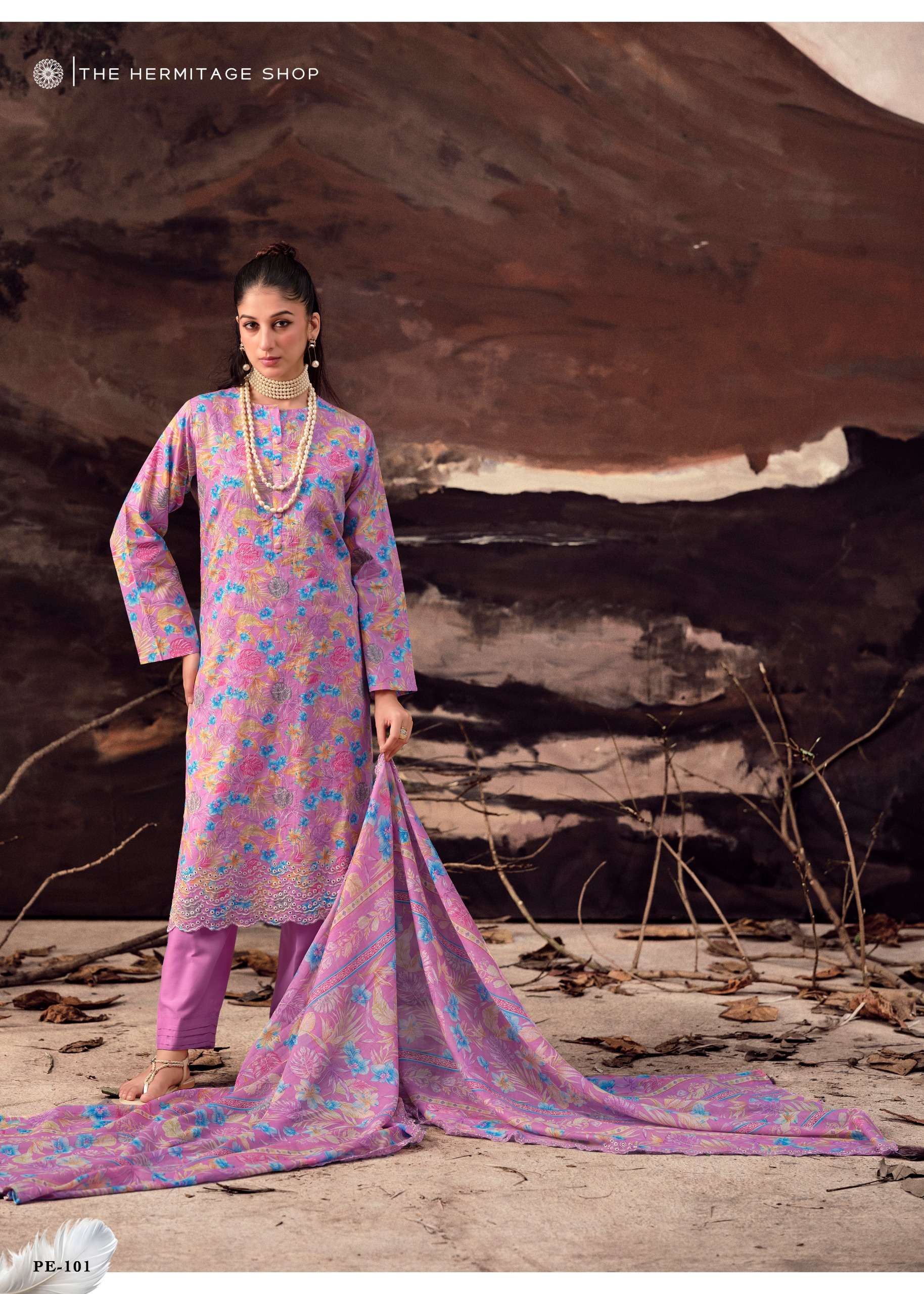 THE HERMITAGE SHOP PETALS IN MAL LAWN COTTON SCHIFFLI WORK SUIT LUXURY WEAR AND FESTIVE FASHION 